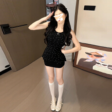 小个子巨好看韩系ootd穿搭一整套黑色波点上衣女夏季裙子两件套装