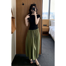 批发夏日绝美法式绿色连衣裙子女<b class='q'>夏季</b>2026新款小个子撞色拼接气质长裙
