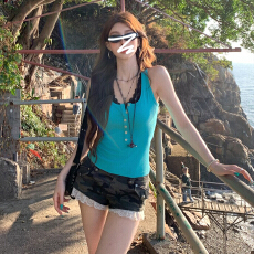 批发美式复古半开领湖蓝色无袖吊带背心女<b class='q'>夏季</b>修身显瘦设计感百搭上衣