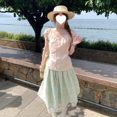 批发甜美风显瘦粉色衬衫女两件套装2026夏季新款<b class='q'>蕾丝</b>碎花半身连衣裙子