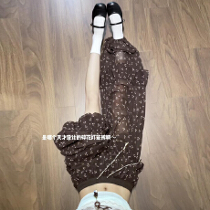 批发韩系咖色荷叶边碎花裤子女夏季2026小个子高腰显瘦阔腿裤灯笼长裤