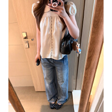 批发法式少女风白色娃娃领蕾丝拼接短袖<b class='q'>衬衫</b>女夏季小个子气质绝美上衣