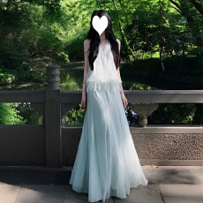 批发清冷感薄荷绿无袖背心连衣裙子女<b class='q'>夏</b>季爆款韩系独特漂亮度假风长裙