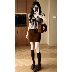 批发韩系复古少女风V领格纹蝴蝶结上衣A字连衣裙短裙<b class='q'>夏</b>季出片漂亮套装