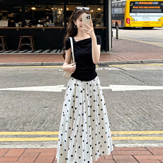 批发2026新款短袖T恤波点半身<b class='q'>连衣裙</b>子女夏季巨好看穿搭一整套装长裙
