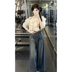 批发2026新款<b class='q'>白</b>色荷叶边挂脖上衣衬衫牛仔裤两件套装女夏日巨好看穿搭