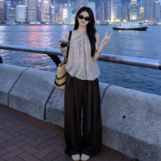 批发韩系巨好看ootd穿搭一整套2026新款斜肩波点上衣女夏季阔腿裤<b class='q'>套装</b>