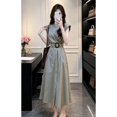 批发法式气质灰色短袖<b class='q'>连衣裙</b>子女<b class='q'>夏</b>季2026新款高级感收腰显瘦a字长裙