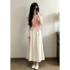 批发2026新款粉色无袖<b class='q'>背心</b>连衣裙女夏季小个子巨好看穿搭一整套装长裙