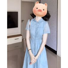 批发法式高级感蓝色短袖衬衫连衣裙子女夏季2026新款气质收腰显瘦长裙