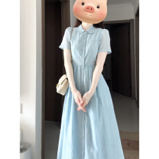 批发法式高级感蓝色短袖衬衫连衣裙子女夏季2026新款气质收腰显瘦长裙
