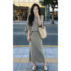 批发巨好看韩系穿搭一整套装灰色<b class='q'>连衣裙</b>子女夏季2026新款漂亮绝美长裙