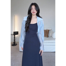 批发法式气质蓝色吊带<b class='q'>连衣裙</b>子女夏季2026新款高级感修身包臀长裙套装