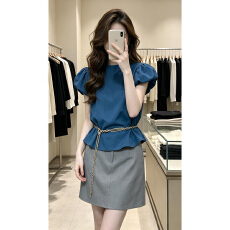 批发2026新款韩系巨好看ootd穿搭蓝色衬衫<b class='q'>连衣裙</b>子女夏高级感短裙套装