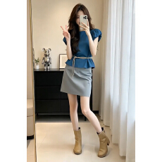 批发2026新款韩系巨好看ootd穿搭蓝色衬衫<b class='q'>连衣裙</b>子女夏高级感短裙套装