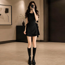 批发法式气质黑色无袖<b class='q'>背心</b>连衣裙子女夏季漂亮出片不规则收腰花苞短裙