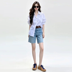 批发白色衬衫牛仔<b class='q'>裤</b>子休闲套<b class='q'>装</b>女夏季2026<b class='q'>新款</b>韩系气质一整套ootd穿搭