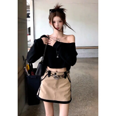 批发2026新款一字肩长袖<b class='q'>T</b><b class='q'>恤</b>半身连衣裙子女早秋韩系穿搭一整套装短裙