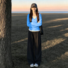 批发韩系早秋穿搭蓝色假两件长袖t恤女装今年流行爆款上衣阔腿裤套装