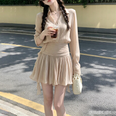 批发2026新款粉色长袖衬衫半身<b class='q'>连衣裙</b>子女夏季巨好看穿搭套装短裙早秋