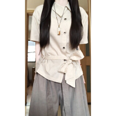 批发日系文艺系带收腰亚麻短袖衬衫女<b class='q'>夏</b>季新款设计感小众棉麻衬衣上衣