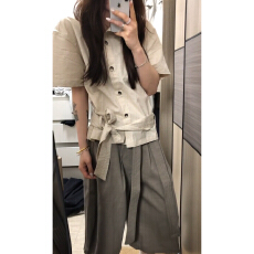 批发日系文艺系带收腰亚麻短袖衬衫女<b class='q'>夏</b>季新款设计感小众棉麻衬衣上衣