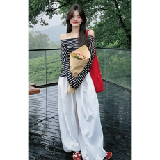 批发韩系巨好看ootd穿搭一整套2026夏季条纹一<b class='q'>字</b>肩上衣<b class='q'>裤</b>子女早秋套装