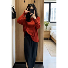 批发巨好看韩系穿搭一整套<b class='q'>连衣裙</b>子女2026新款早秋季红色长袖套装长裙