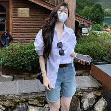 批发韩系旅游度假风松弛感早秋季新款女装穿搭<b class='q'>衬衫</b>上衣短款裤子两件套