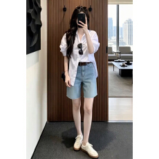 批发韩系旅游度假风松弛感早秋季新款女装穿搭<b class='q'>衬衫</b>上衣短款裤子两件套