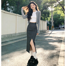 批发2026新款韩系高级感穿搭一整套裙子女夏季灰色系开衫长裙三件套装