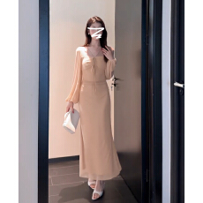 批发法式泡泡长袖连衣裙子女秋季2026新款巨好看修身显瘦收腰包臀长裙