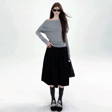 批发韩系灰色长袖披肩T恤半身<b class='q'>连衣裙</b>子女早秋季2026新款穿搭一整套装