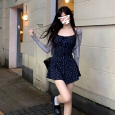 批发法式蓝色吊带碎花<b class='q'>连衣裙</b>子女早秋季2026新款气质韩系穿搭套装短裙