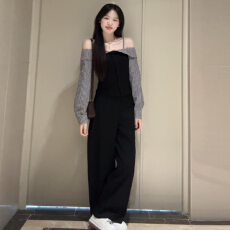 批发秋季韩系穿搭<b class='q'>假两件</b>露肩长袖t恤女2026新款绝美设计感一字肩上衣