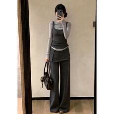 批发韩系穿搭一整套2026新款爆款灰色内搭长袖上衣女秋冬季阔脚裤<b class='q'>套装</b>