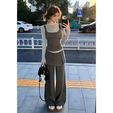 批发韩系穿搭一整套2026新款爆款灰色内搭长袖上衣女秋冬季阔脚裤<b class='q'>套装</b>