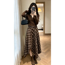 批发美拉德咖色长袖格纹半身<b class='q'>连衣裙</b>女2026新款韩系秋季穿搭一整套长裙