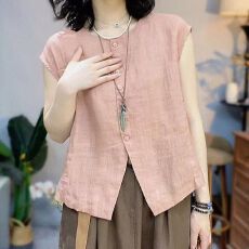 批发法式复古简约宽松显瘦夏季女<b class='q'>马甲</b>新款时尚气质圆领单排扣无袖上衣