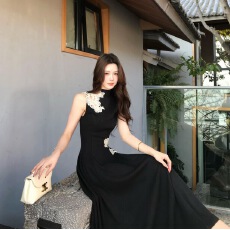 批发新中式黑色蕾丝<b class='q'>刺绣</b>针织无袖<b class='q'>连衣裙</b>女装夏季气质修身收腰长裙子