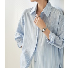 批发条纹<b class='q'>衬衫</b>女长袖早春夏季新款淡蓝色通勤<b class='q'>OL</b>气质上衣宽松抗皱<b class='q'>衬衣</b>