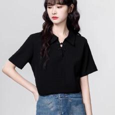 批发钰桐轻奢 黑色新中式盘扣短袖T恤女2026夏季新款设计感POLO领正肩