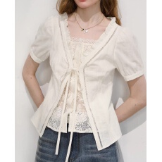 批发钰桐轻奢 韩系<b class='q'>蕾丝</b>假两件短袖衬衫女春夏设计感系带百搭上衣