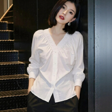 批发长袖<b class='q'>衬衫女</b>2026秋季新款<b class='q'>韩版</b>宽松纯色百搭上衣设计感褶皱V领衬衣