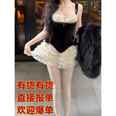 批发秋冬修身显瘦设计感纯欲风甜美蕾丝拼接吊带上衣+半身短裙套装女