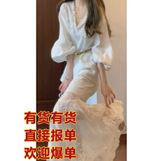 批发秋季新中式国风巨好看V领灯笼袖上衣&<b class='q'>网纱</b>鱼尾半身裙套装