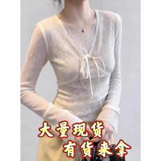 批发法式系带蝴蝶结v领长袖t恤女2026春季<b class='q'>新款</b>修身绝美蕾丝<b class='q'>打底衫</b>上衣