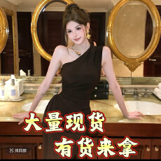 批发法式气质性感无袖斜肩连衣裙女早春新款修身显瘦高级感<b class='q'>包臀</b><b class='q'>长裙</b>子