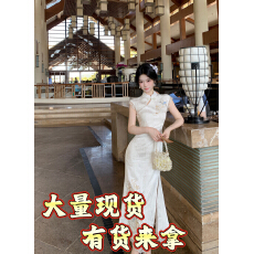 批发Blovelan青鸟衔芳 新中式重工花鸟刺绣提花<b class='q'>改良</b><b class='q'>旗袍</b>蕾丝拼接长裙