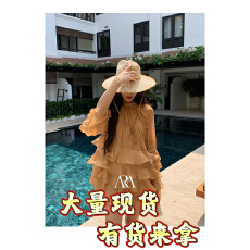 批发乌木甜茶法式轻柔飘逸喇叭袖荷叶边慵懒风蕾丝<b class='q'>连衣裙</b>